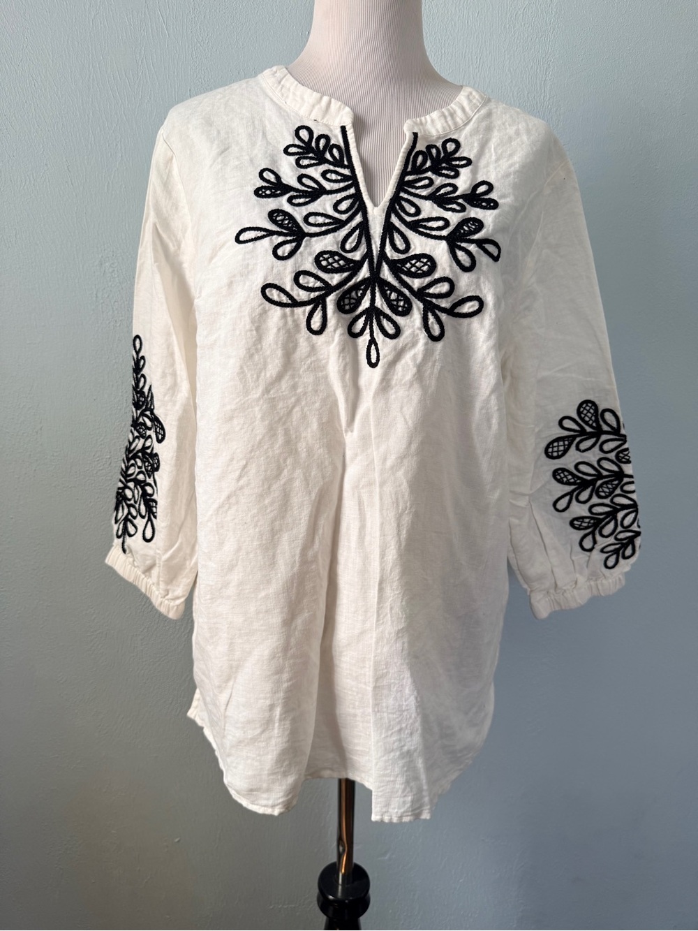 Talbots Beige Black Embroidered Accent Linen Blend 3/4 Sleeve Pullover Top Sz XL
